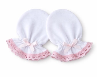 Cotton Baby Mittens: Pink Lace, Pink Satin Bow, Anti-Scratch (0-6 Months)