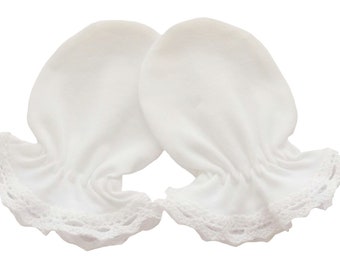 Cotton Baby Mittens: White Lace Anti-Scratch Gloves (0-6 Months)