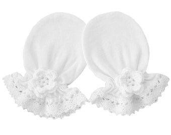 Cotton Baby Newborn Scratch Mittens White Cotton Lace, Crochet Flower