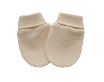 Cotton Baby Newborn Scratch Mittens Light Brown, Pattern Striped