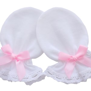 0-3/ 3-6 Months 100% Cotton Jersey Newborn Baby Anti Scratch Mittens Gloves Christening Color White Cotton Lace, Light Pink Satin Bow