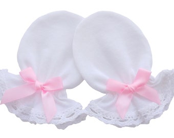 Cotton Baby Mittens: White Lace, Pink Satin Bow, Anti-Scratch (0-6 Months)