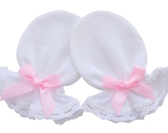 0-3/ 3-6 Months 100% Cotton Jersey Newborn Baby Anti Scratch Mittens Gloves Christening Color White Cotton Lace, Light Pink Satin Bow