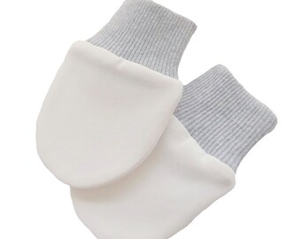 0-3 /3-6/ 6-12 Months Organic Cotton Knitted Fabric Newborn Baby Anti Scratch Mittens Gloves Color Ivory, Knitted Gray Cuff