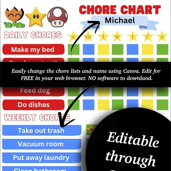 Editable Mario Bros Chore Chart for Kids Routine Chart Kids Responsibility Chore Chart PRINTABLE DOWNLOAD Canva Template