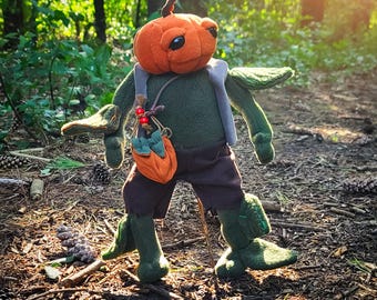 Jack the Pumpkin ooak handmade magical creature, with joints and soft plush. The perfect gift for someone who loves magic