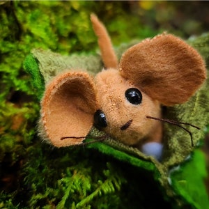 Tiny Mice, 2 inch plush pocket mouse, life-sized mouse in leaf sleeping bag for pretend play. Perfect gift for kids