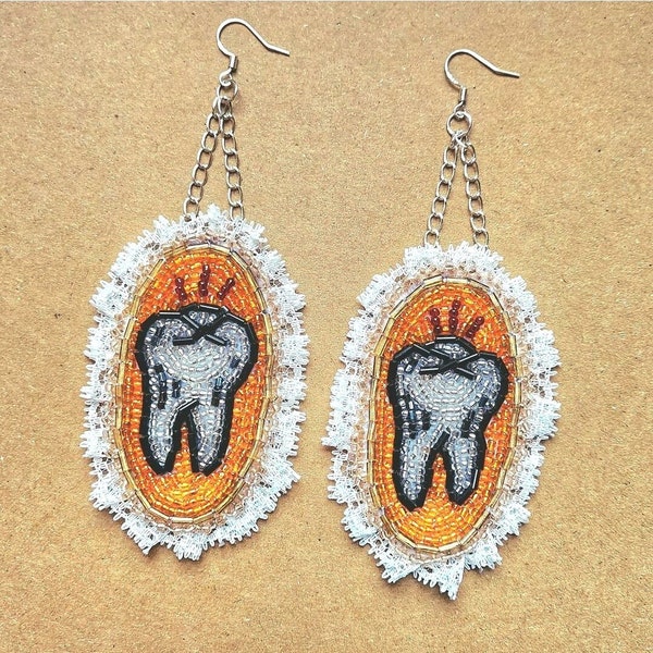 Wisdom Tooth Beadwork Earrings Recycled Materials Upcycled Indigenous Handmade