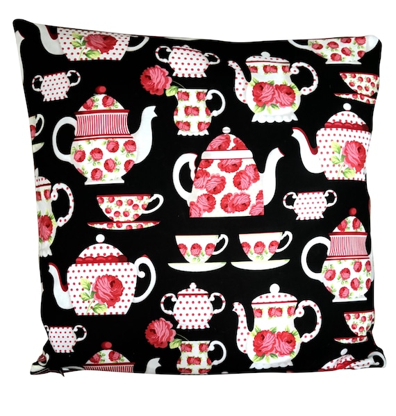 Pretty Teacups and Teapots Black Ruby Cushion Cover