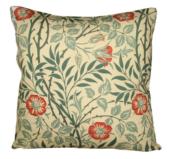 William Morris Sweet Briar Green & Coral Cushion Cover