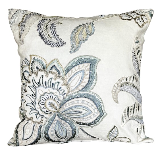 Colefax & Fowler Floral Embroidery Blue Ivory Cushion Cover