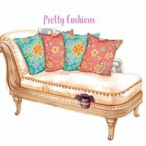 May include: A chaise lounge with a cream-colored seat and a wooden frame, featuring four square cushions with floral patterns in shades of teal, orange, and pink. The text "Pretty Cushions" is written in pink above the furniture piece.