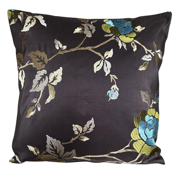Pretty Blue Silk Rose Floral Cotton Cushion Cover