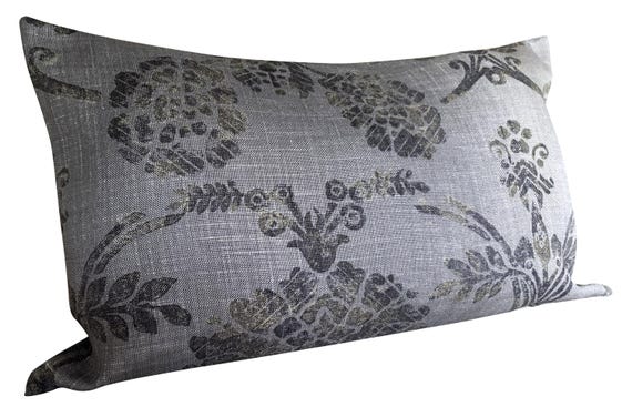 Designers Guild Damask Grey Linen Bolster Cushion Cover