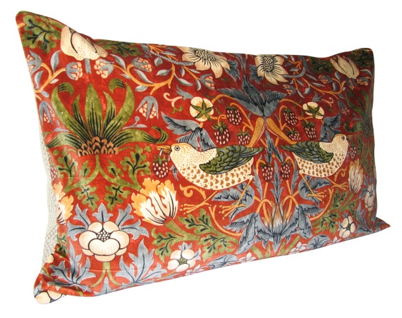 William Morris Strawberry Thief Red Velvet Bolster Cushion Cover