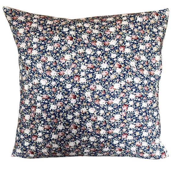 Pretty Ditsy Posy Floral Navy Blue & Pink Cotton Cushion Cover