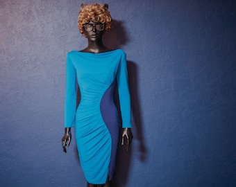 Vintage Versace Collection dress / Blue sapphire bodycon dress / Draped dress / Fitting dress / Size XXS-XS / 90s