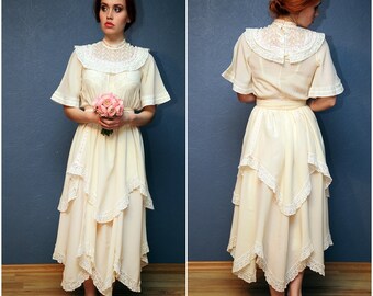Vintage silk lace wedding dress / Bride lace dress / Marriage boho wedding silk dress / 50s / Size XS-S
