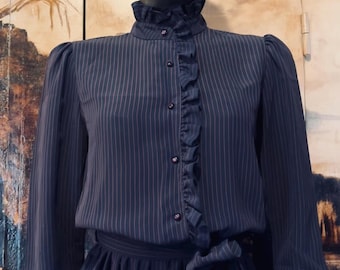 Vintage navy blue chiffon dress / Size S-M / 80s