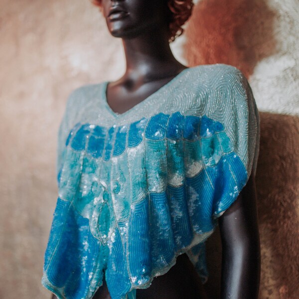 Vintage Sequin Butterfly Open Top / Glam / Shiny Beaded Dolman Sleeve top / 100% Silk / Size M - L / 70s