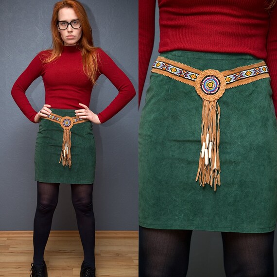 Vintage Green Suede Skirt With Beaded Belt leather Skirt Bohemian Style Size S M Etsy