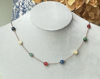 Multi Gemstone Silk Adjustable Necklace,  Multi colour Floating Crystal Beads, Knotted Thread String Station Tin Cup, Earrings