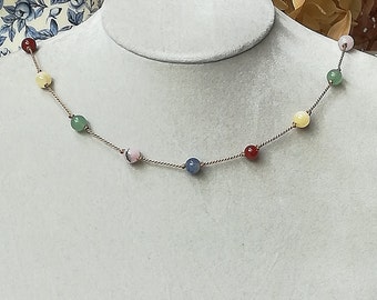 Multi Colour Gemstone 18" Silk Necklace, Rainbow Floating Crystal Necklace, Knotted Station String of Beads Necklace, Carnelian Earrings