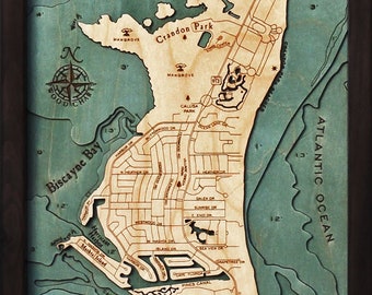 Key Biscayne Wood Carved Topographic Depth Chart / Map