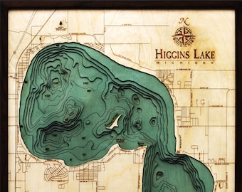 Higgins Lake, Michigan Wood Carved Topographic Map