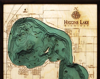 Higgins Lake, Michigan Wood Carved Topographic Map