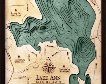 Lake Ann, Michigan Wood Carved Topographic Depth Chart / Map