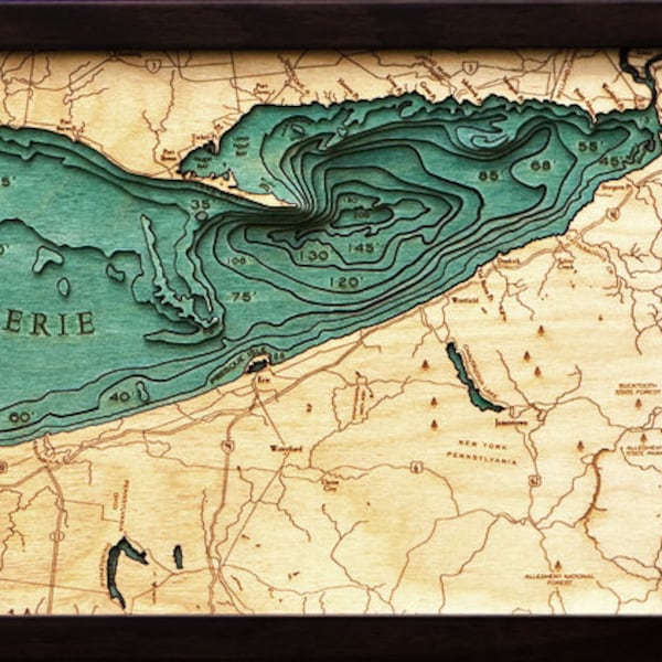 Lake Erie Wood Carved Topographic Depth Chart / Map