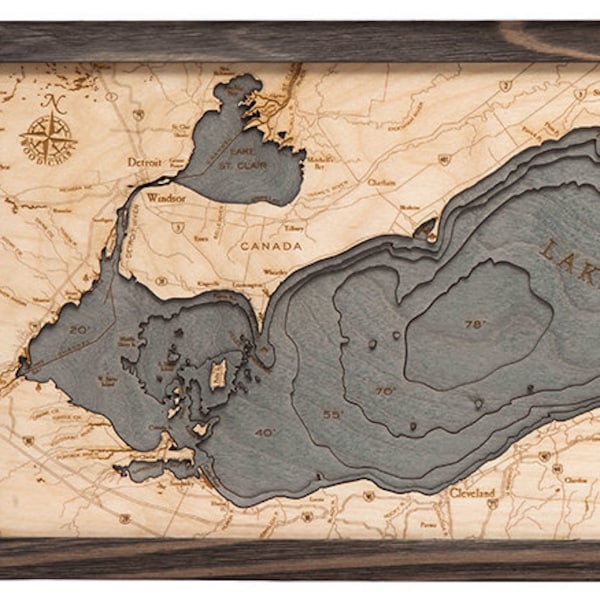 Lake Erie Wood Carved Topographic Depth Chart / Map (Gray/Aquamarine)