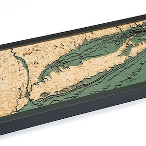 Carte/carte des profondeurs topographiques en bois sculpté du détroit de Long Island