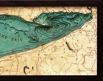 Lake Erie Wood Carved Topographic Depth Chart / Map