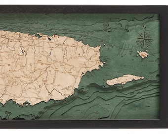 Puerto Rico Wood Carved Topographic Depth Chart / Map