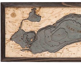 Lake Erie Wood Carved Topographic Depth Chart / Map (Gray/Aquamarine)