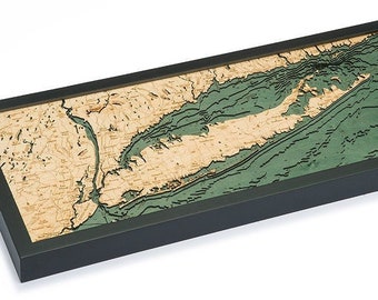 Long Island Sound Wood Carved Topographic Depth Map / Chart