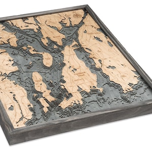 Carte/carte de profondeur topographique en bois sculpté de la baie de Narragansett et de Newport, RI