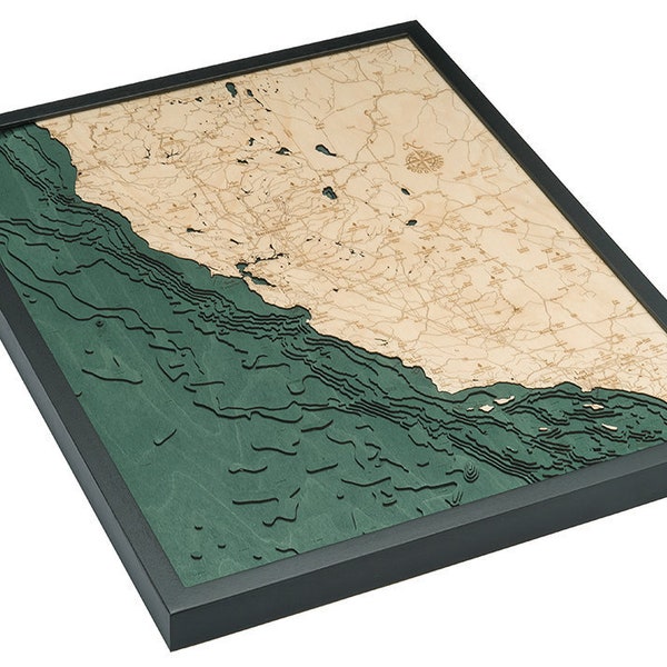 California Coast Wood Carved Topographical Depth Chart / Map