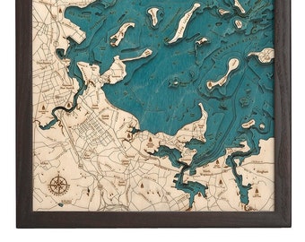 Boston Harbor Wood Carved Topographic Depth Chart / Map - Multiple Color Choices