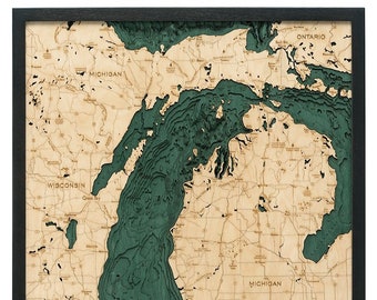 Lake Michigan Wood Carved Topographic Depth Chart / Map