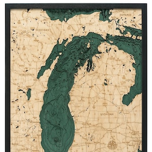 Lake Michigan Wood Carved Topographic Depth Chart / Map