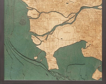 Vancouver, British Coolumbia, Canada Wood Carved Topographic Depth Chart / Map