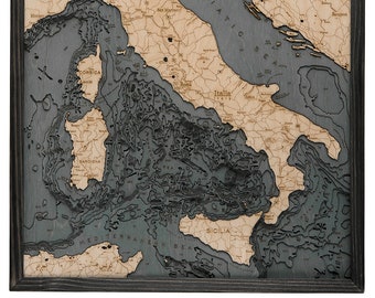 Italy Wood Carved Topographic Depth Chart / Map (Gray)