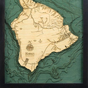 Hawaï (la grande île) carte/carte de profondeur topographique en bois sculpté
