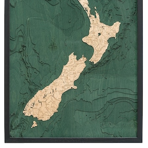 Carte/carte de profondeur topographique en bois sculpté de Nouvelle-Zélande