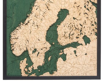Scandinavia Wood Carved Topographic Depth Chart / Map