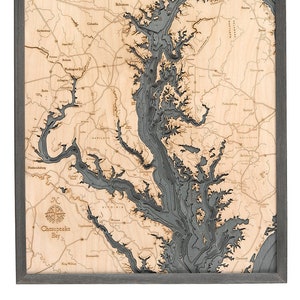 Carte/carte de profondeur topographique en bois sculpté de la baie de Chesapeake