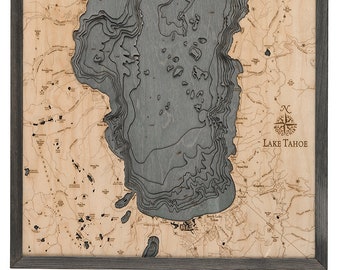 Lake Tahoe Wood Carved Topographical Depth Chart / Map (Gray)